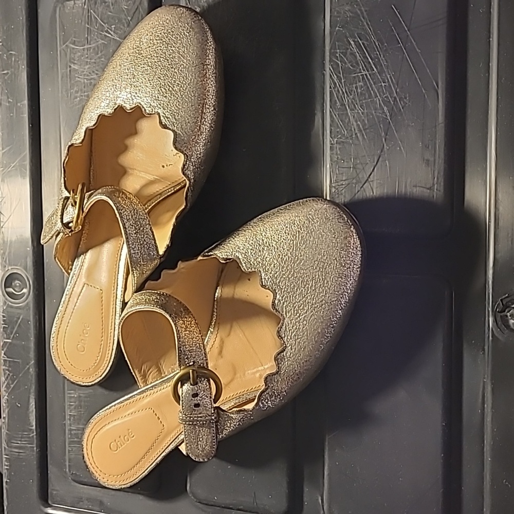 Chloe gold scalloped slides shoes 36.5